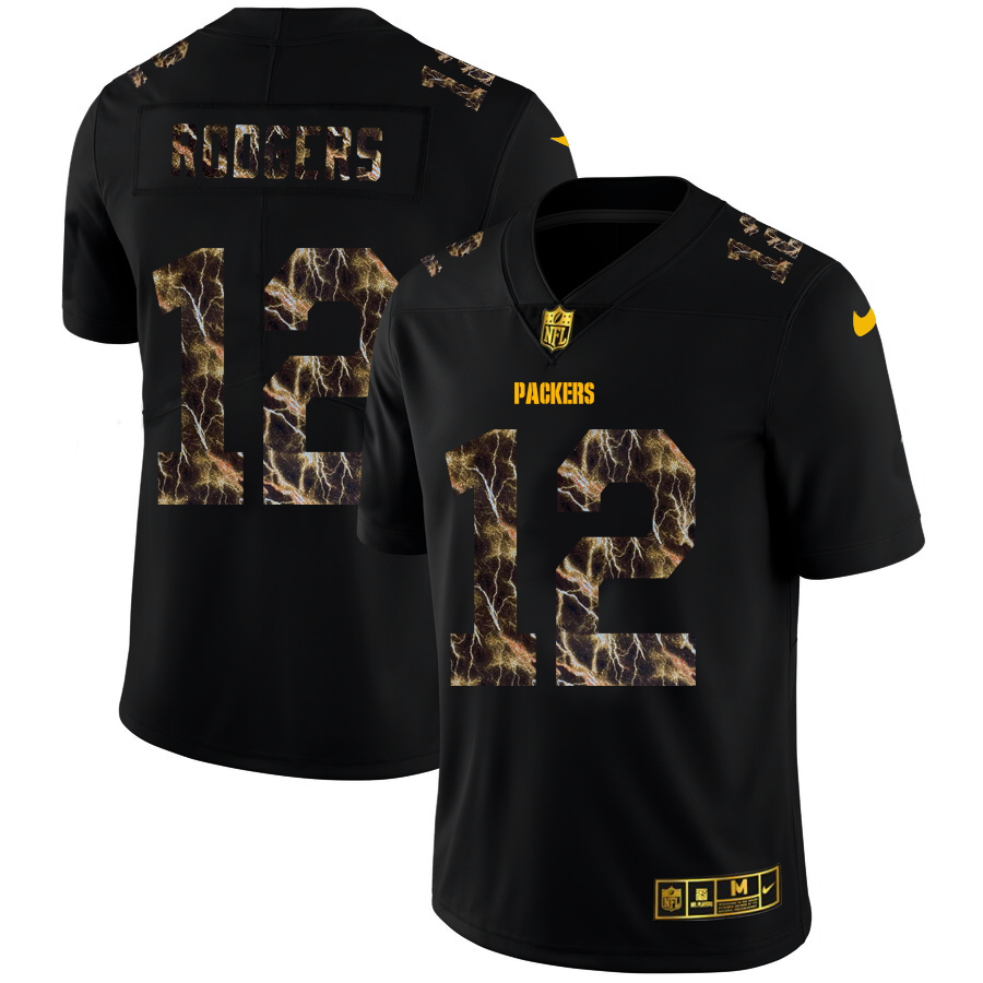 2020 Green Bay Packers #12 Aaron Rodgers Men Black Nike Flocked Lightning Vapor Limited NFL Jersey->green bay packers->NFL Jersey